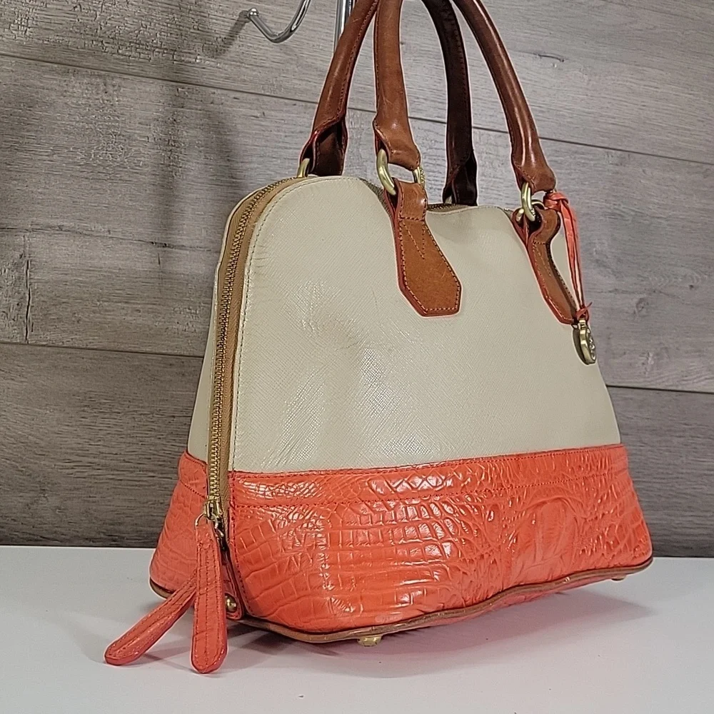 Brahmin Cream/Orange Croc Embossed Leather Dome Satchel Bag